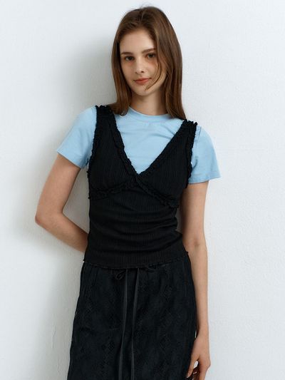 RAVEROUS V-Neck Lace Sleeveless Tank [Black]