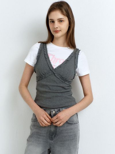 RAVEROUS V-Neck Lace Sleeveless Tank [Charcoal]
