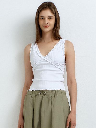 RAVEROUS V-Neck Lace Sleeveless Tank [White]