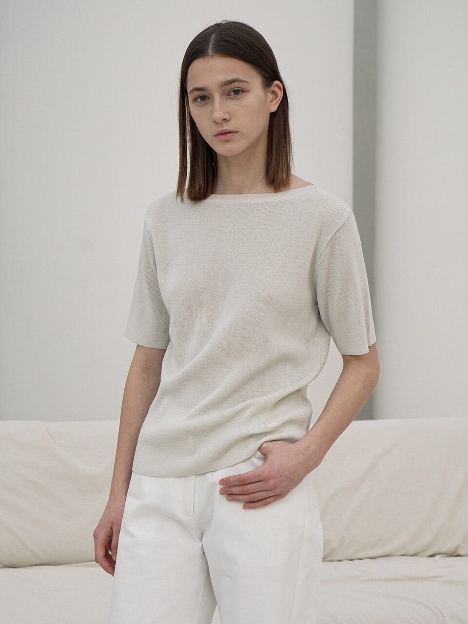 RE RHEE 2color Boat Neck Short Sleeved Knit Top_Silver