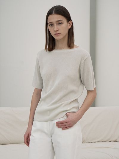 RE RHEE 2color Boat Neck Short Sleeved Knit Top_Silver