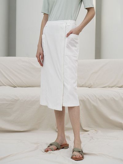 RE RHEE Asymmetric Hem Crinkled Midi Skirt