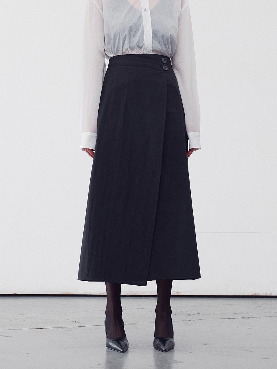 RE RHEE Asymmetric Hem Wrap Midi Skirt - Black