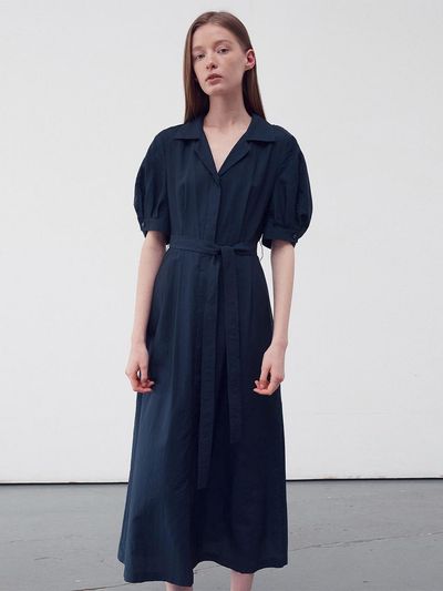 RE RHEE Balloon-Sleeve Belted Dress