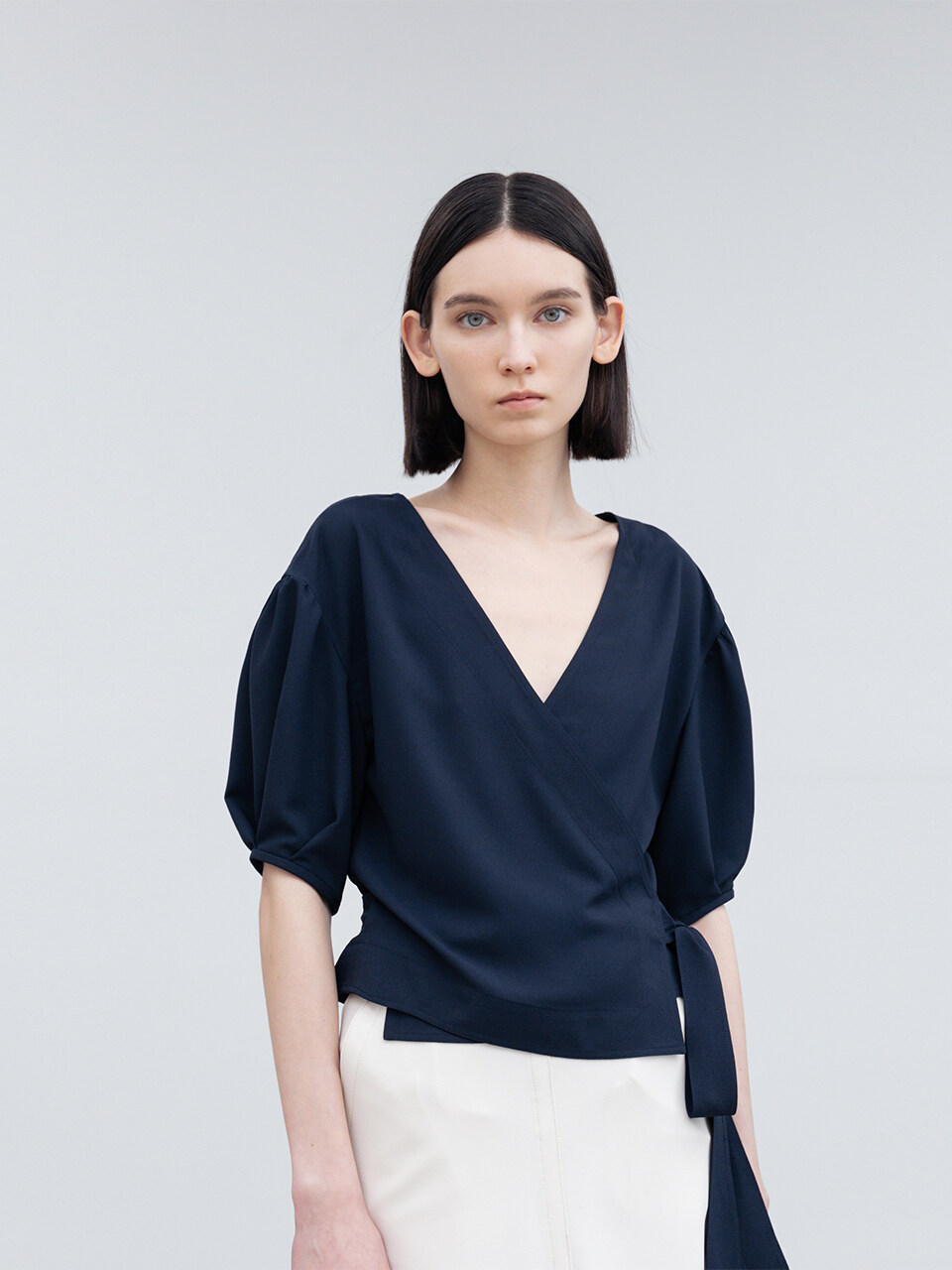 RE RHEE Balloon Sleeve Crepe Wrap Blouse