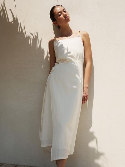 RE RHEE Beaded Detail Wrap Midi Dress