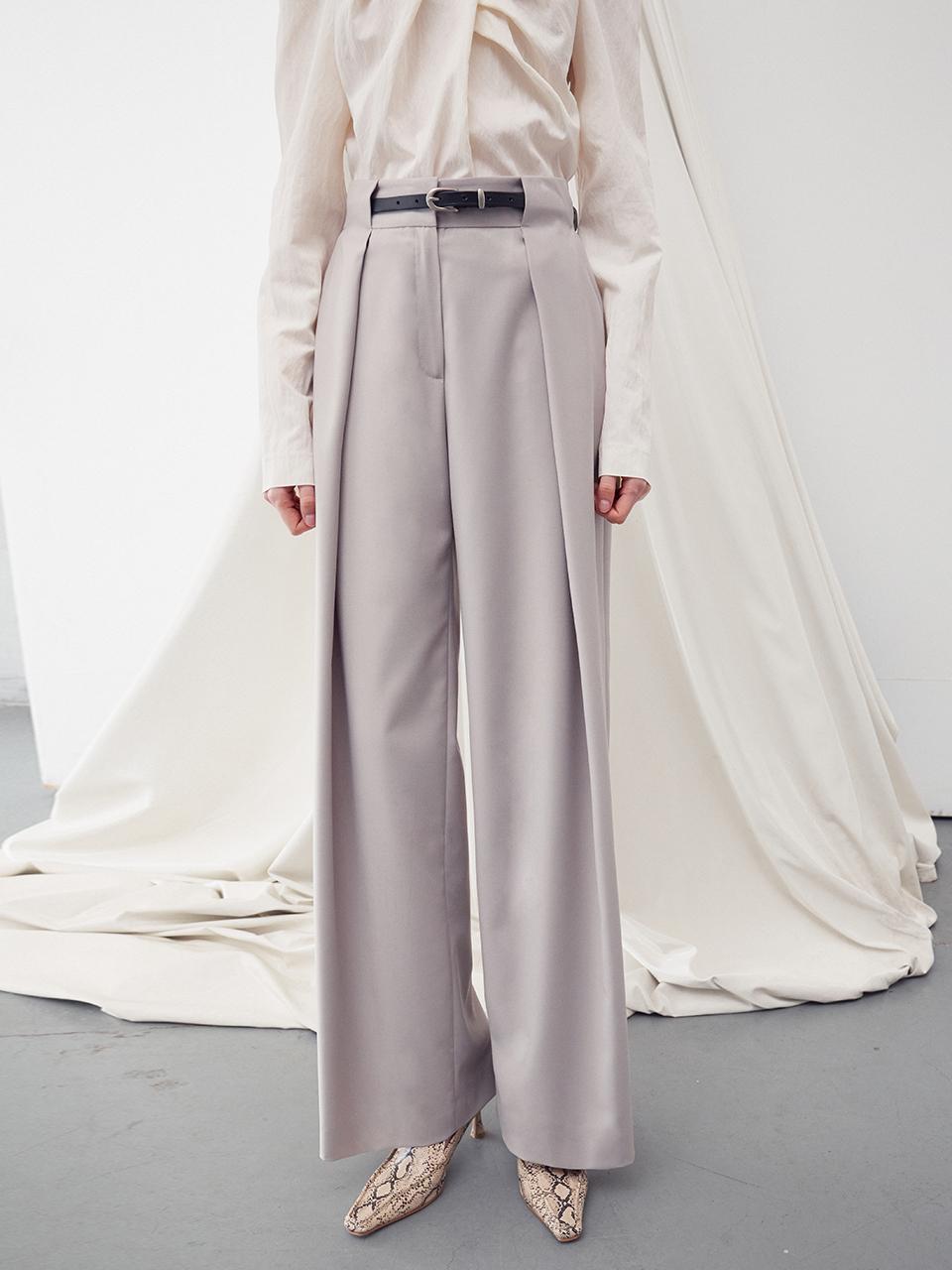RE RHEE Belt Detail Wide Leg Trousers - Beige