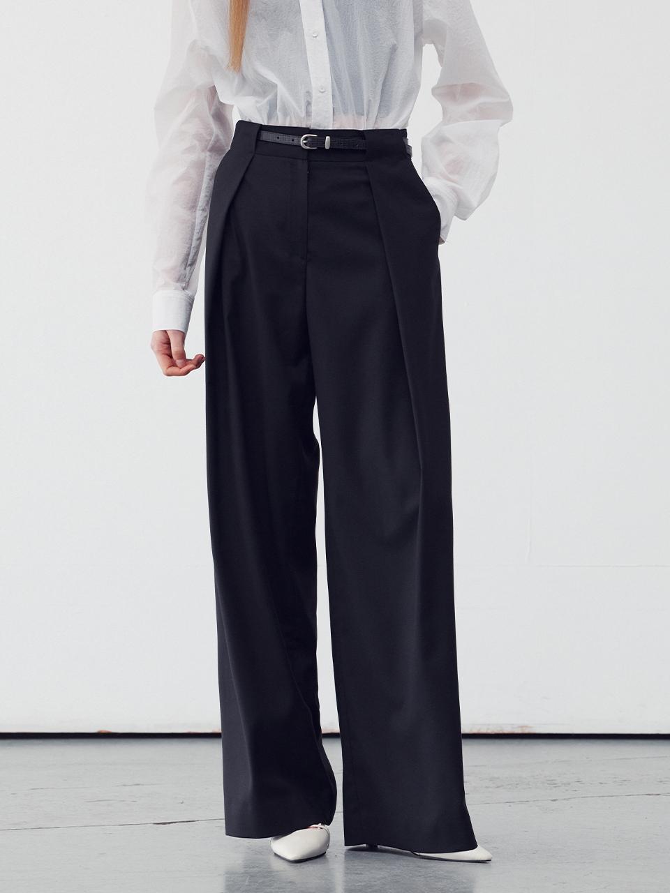 RE RHEE Belt Detail Wide Leg Trousers - Black