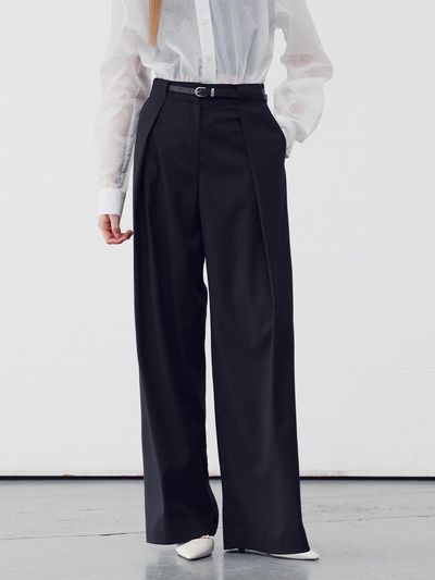 RE RHEE Belt Detail Wide Leg Trousers - Black