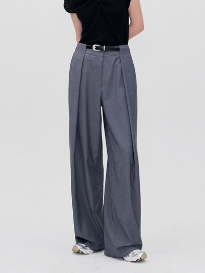 RE RHEE Belt Waist Detail Wide Leg Trousers_Gray