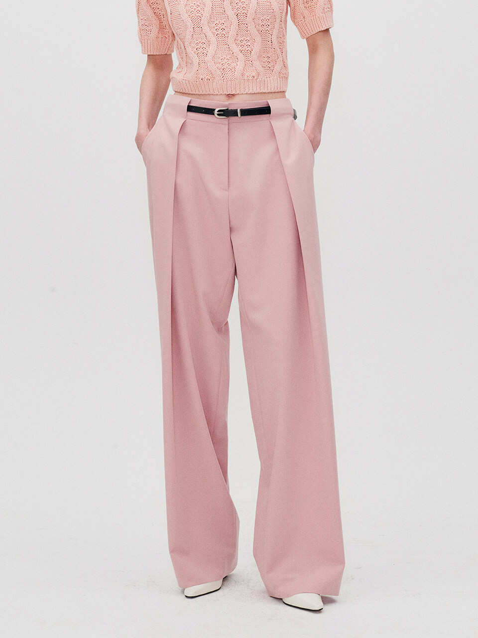RE RHEE Belt Waist Detail Wide Leg Trousers_Mauve Pink