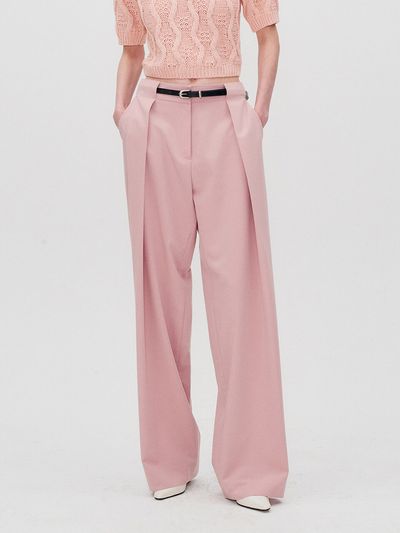 RE RHEE Belt Waist Detail Wide Leg Trousers_Mauve Pink