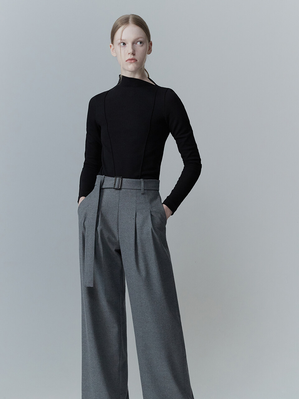 RE RHEE Belted Wide Leg Trouser (Grey)