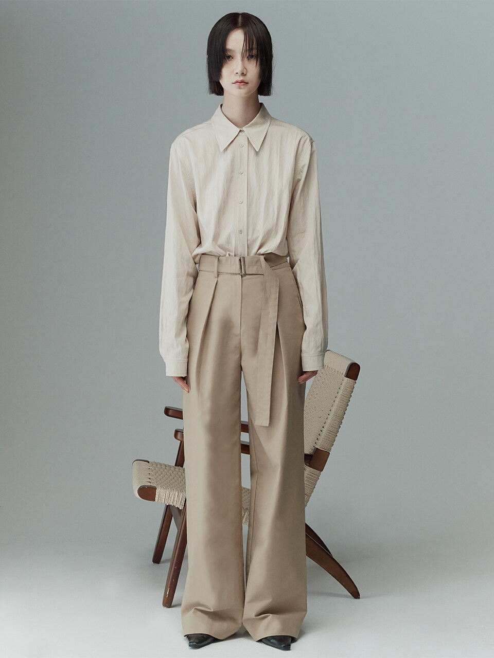RE RHEE Belted Wide Leg Trousers