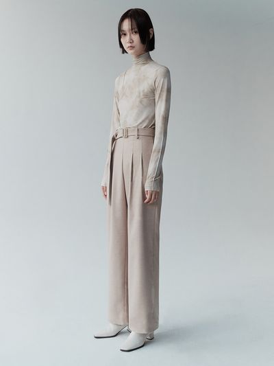 RE RHEE Belted Wide Leg Trousers_Beige