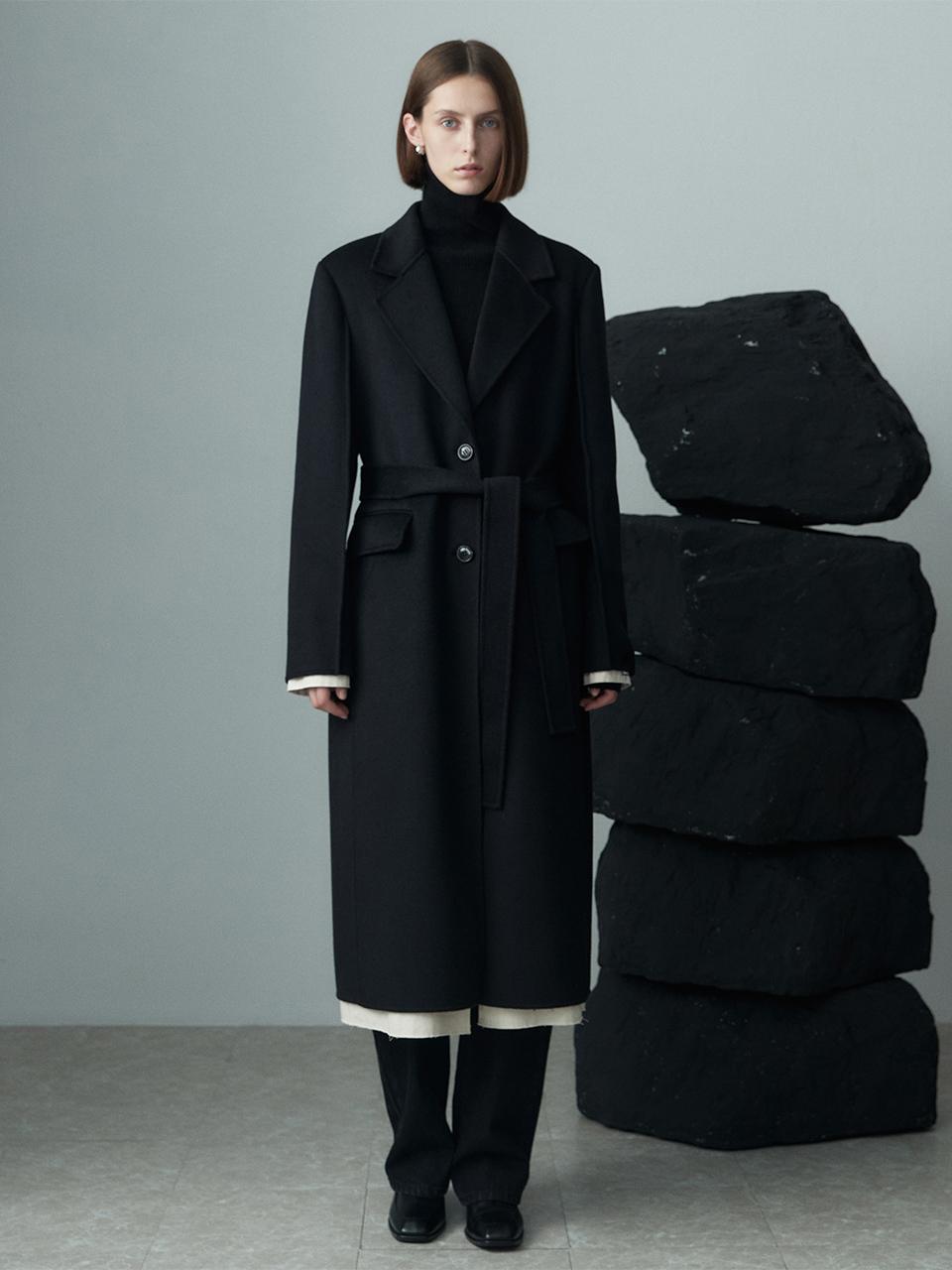 RE RHEE BELTED WOOL BLEND COAT - BLACK