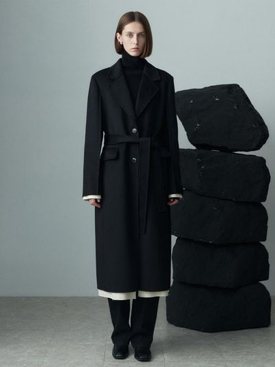 RE RHEE BELTED WOOL BLEND COAT - BLACK