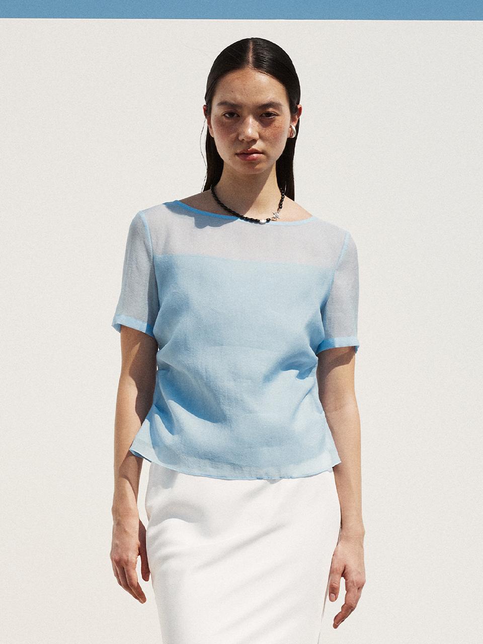 RE RHEE Boat Neck Sheer Blouse Top_Cloud
