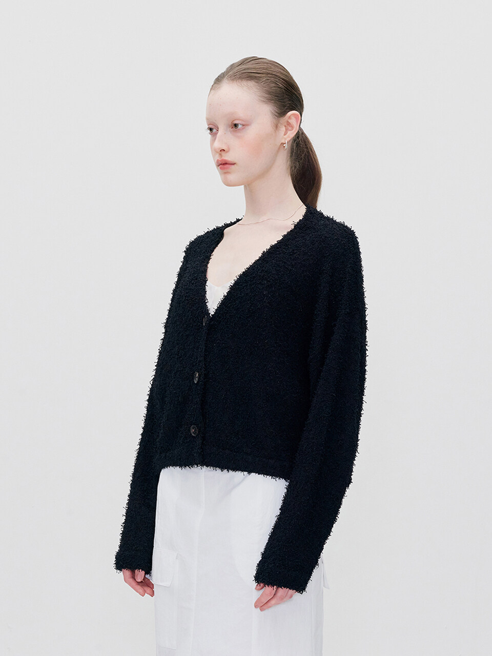 RE RHEE Button Down Fuzzy Knit Cardigan _ Black
