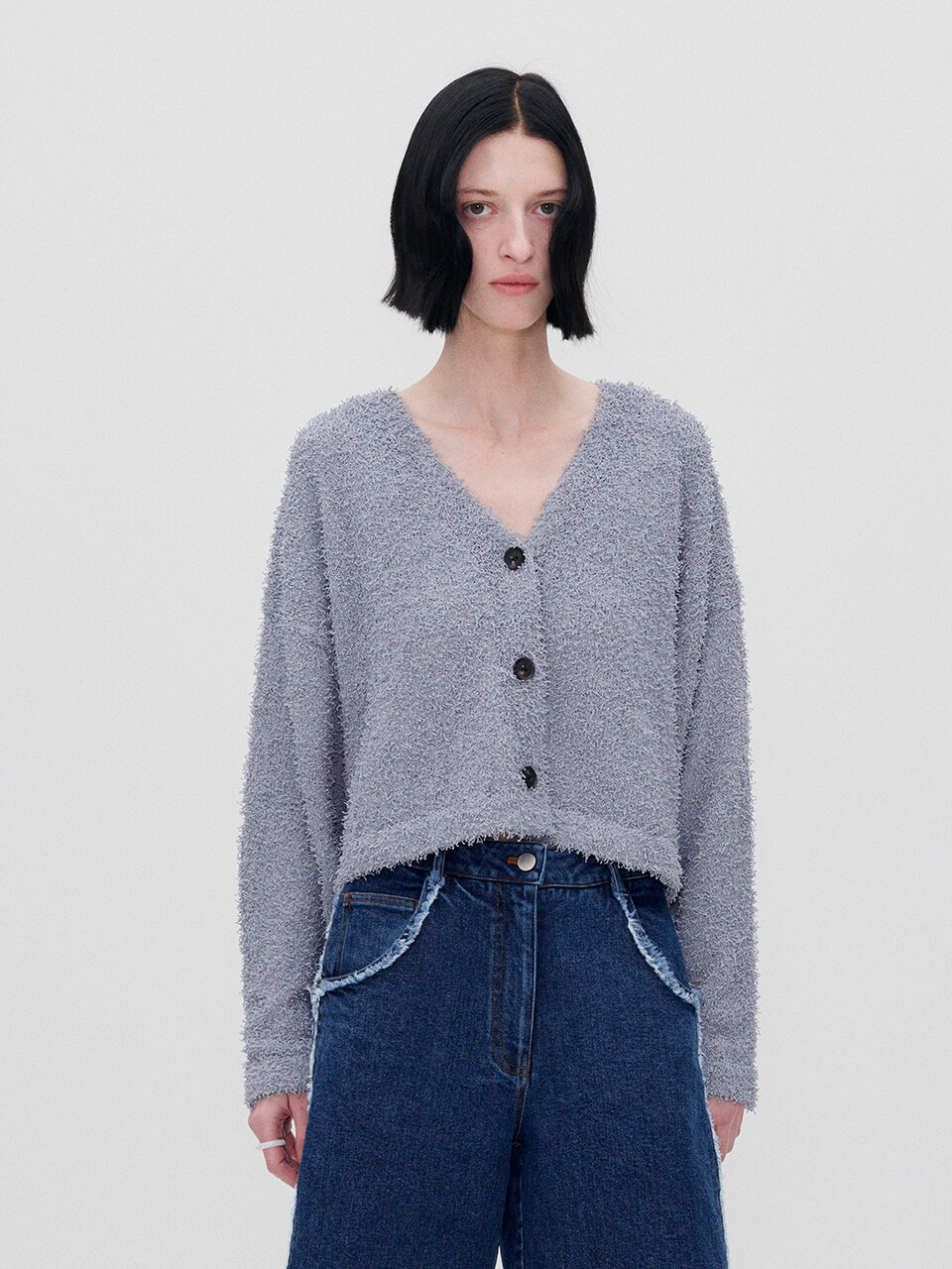 RE RHEE Button Down Fuzzy Knit Cardigan _ Blue Gray
