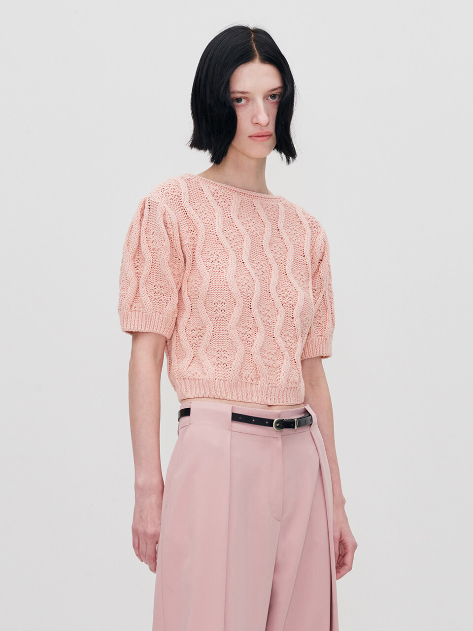 RE RHEE Cable Knit Cropped Top_Baby Pink