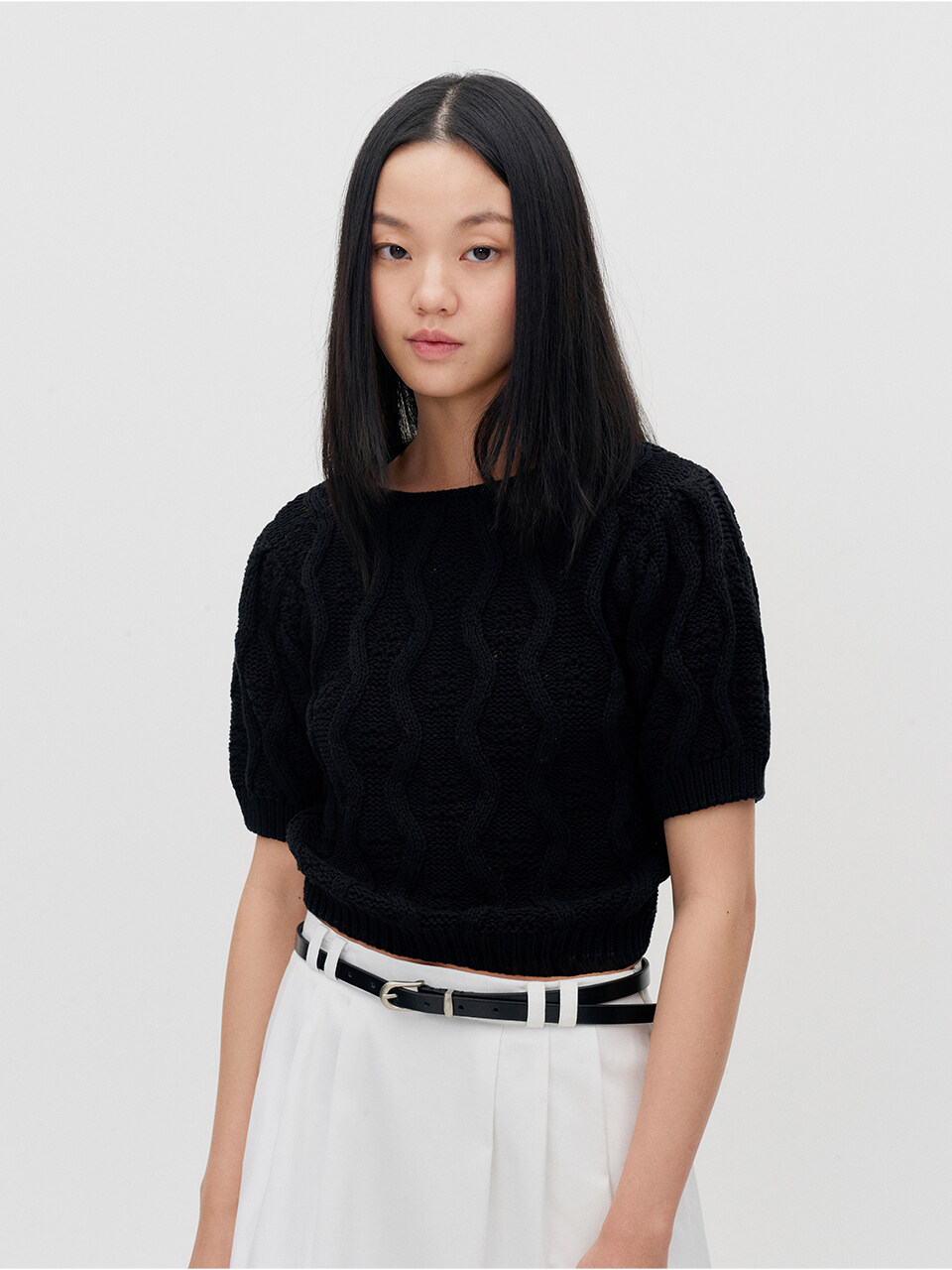 RE RHEE Cable Knit Cropped Top_Black