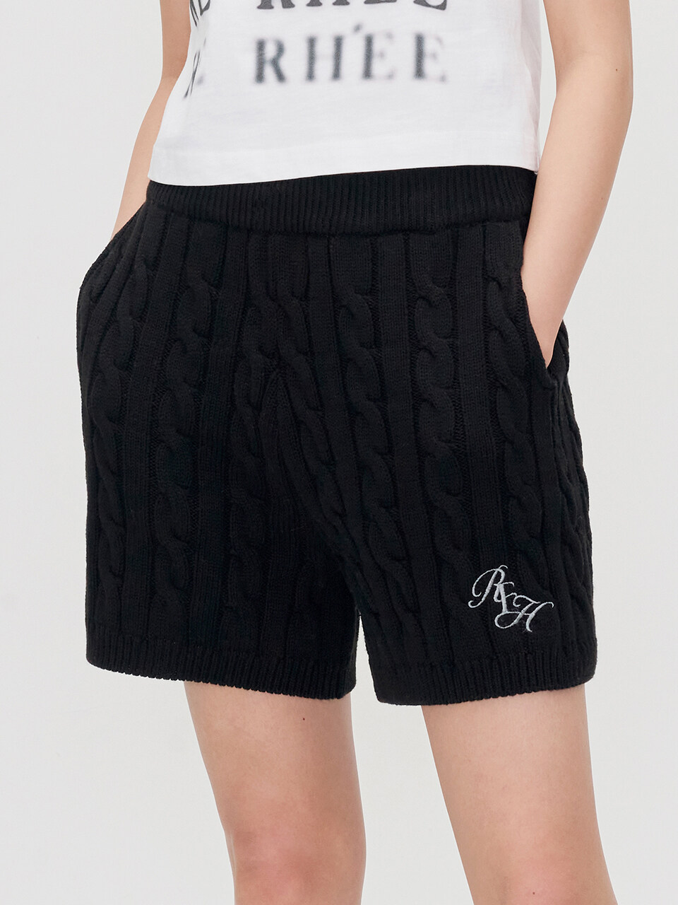 RE RHEE Cable Knit Shorts_Black