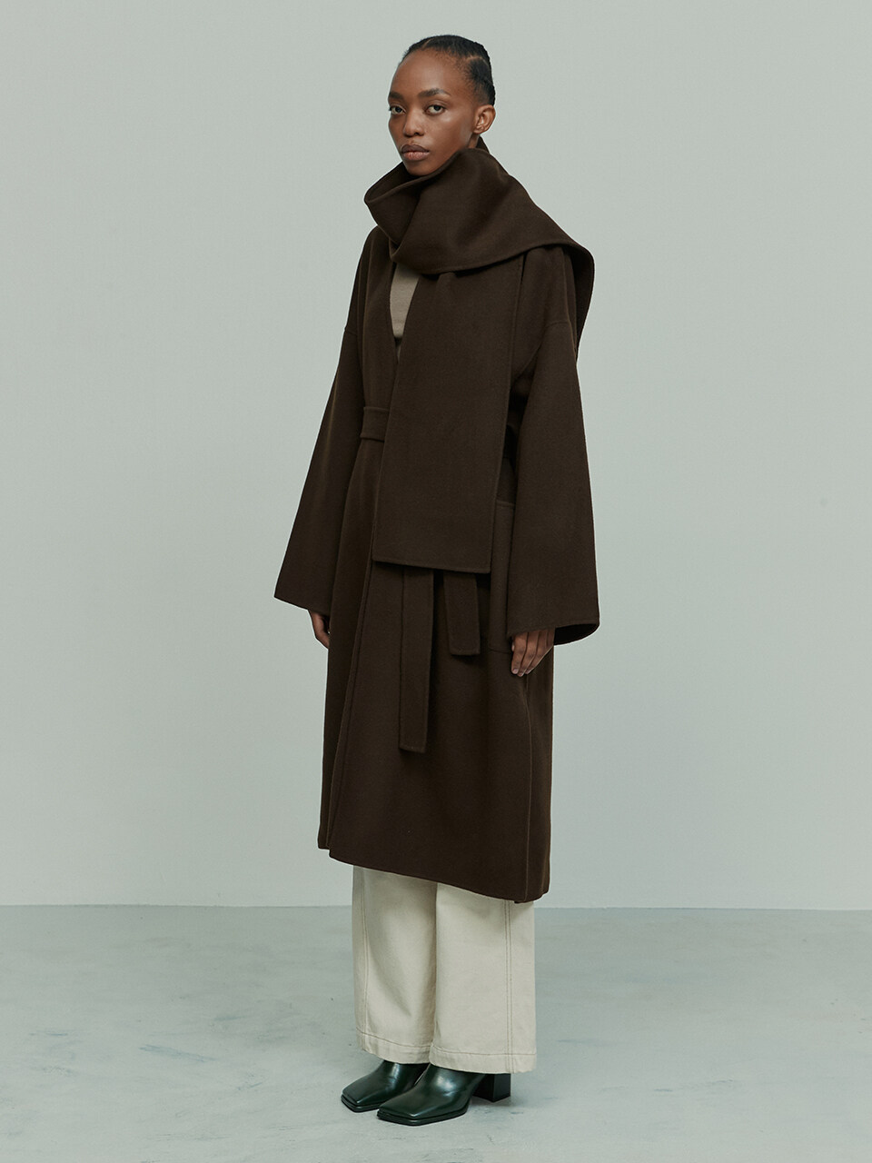 RE RHEE Cashmere Wool Blend Scarf Detailed Coat_Chocolate