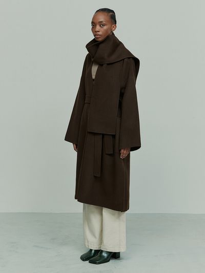 RE RHEE Cashmere Wool Blend Scarf Detailed Coat_Chocolate
