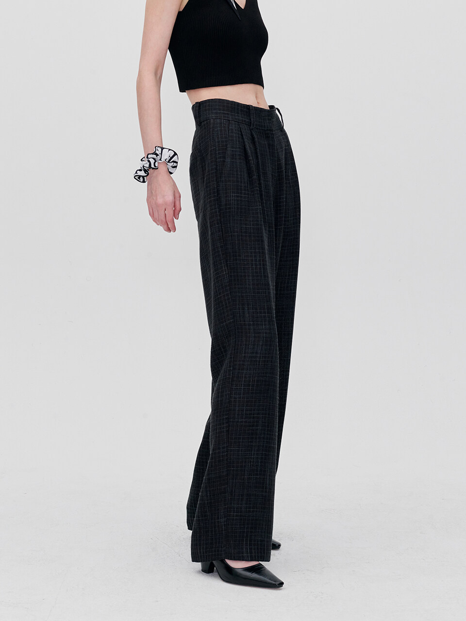 RE RHEE Checked Wide Leg Trousers _ Mix Black