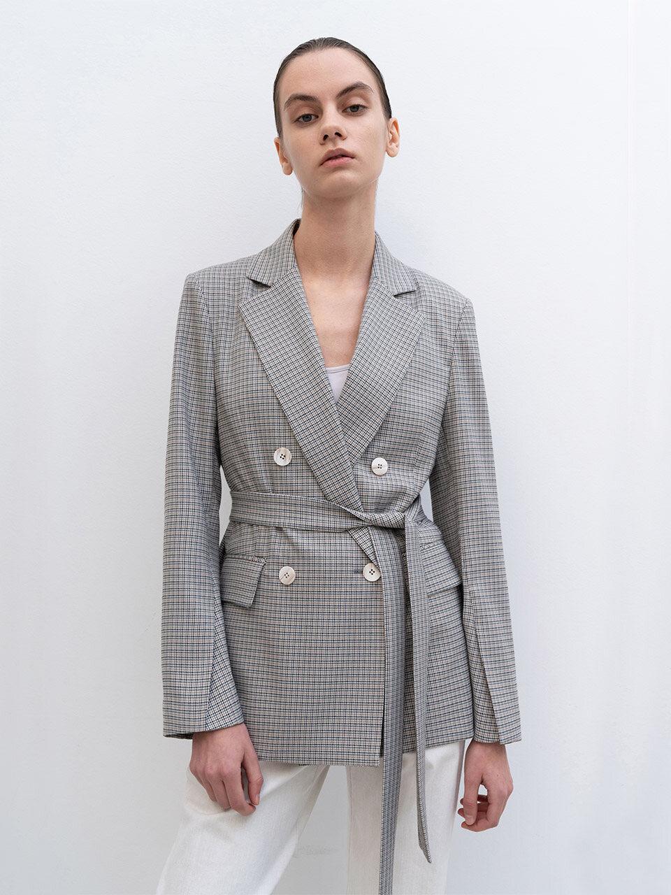 RE RHEE Classy Tie Belt Checked Jacket