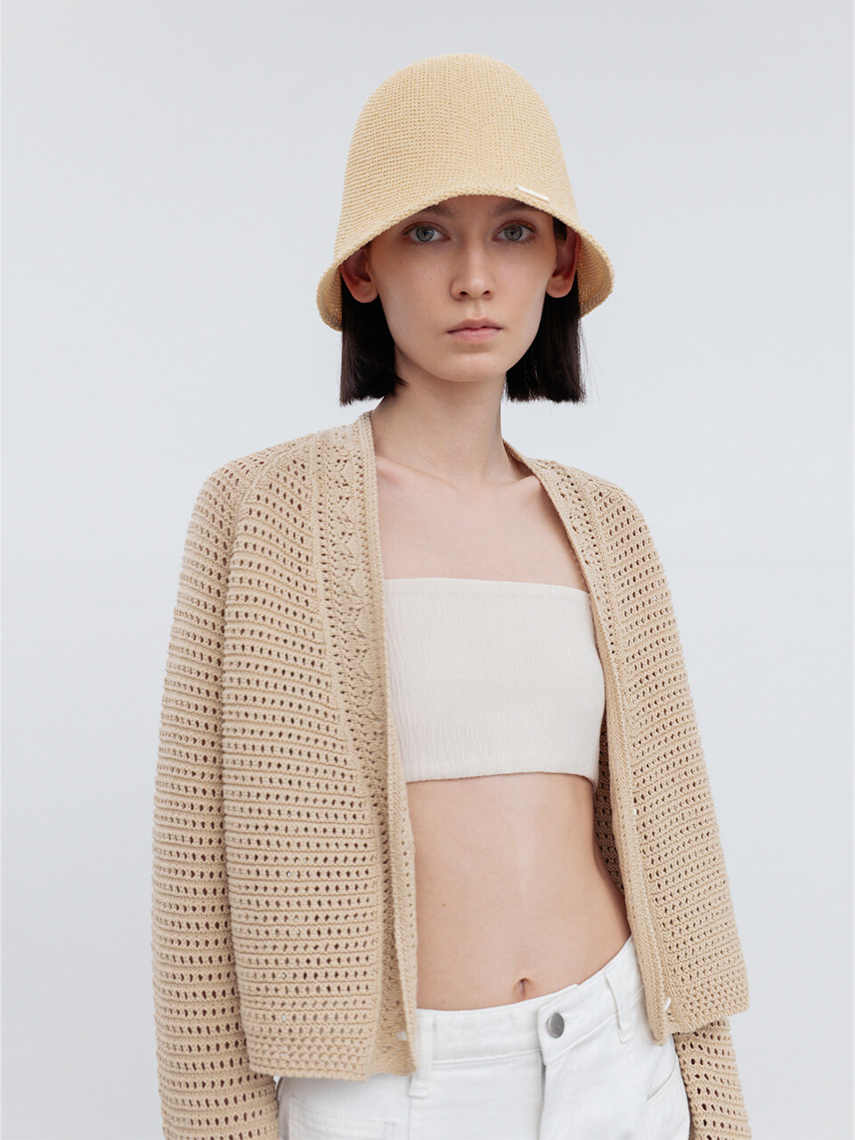 RE RHEE Crochet Cotton Cropped Cardigan (Wood Beige)