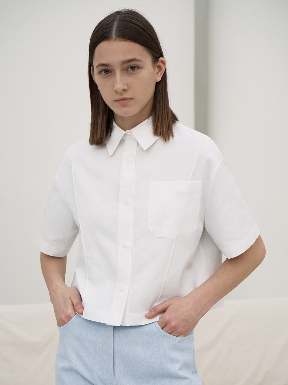 RE RHEE Cropped Pintucked Blouse Top