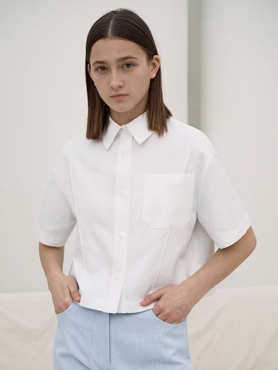 RE RHEE Cropped Pintucked Blouse Top