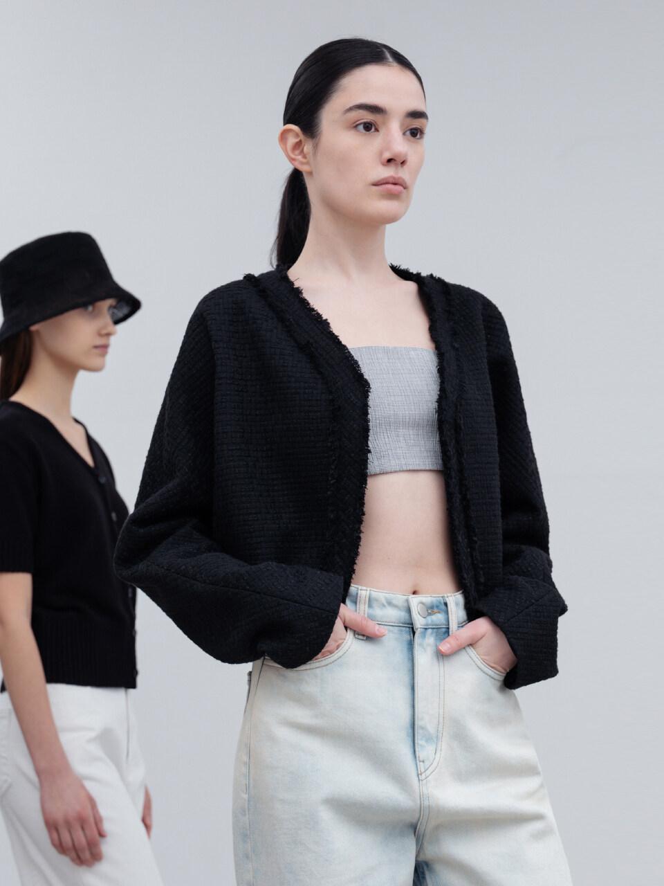 RE RHEE Cropped Tweed Jacket (Black)