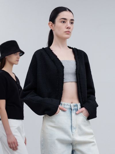 RE RHEE Cropped Tweed Jacket (Black)