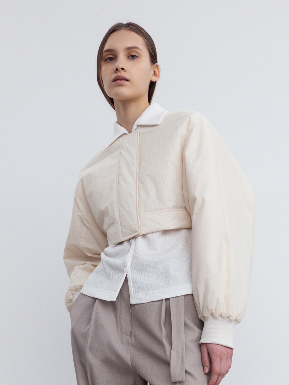 RE RHEE Cropped Waist Zipped Bomber Jacket