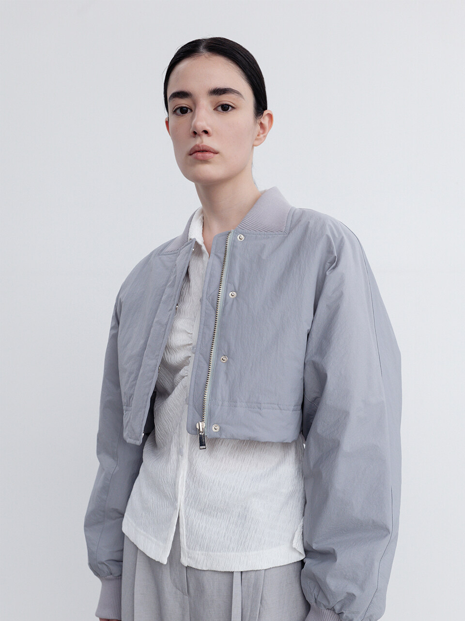 RE RHEE Cropped Waist Zipped Bomber Jacket (Mint Gray)