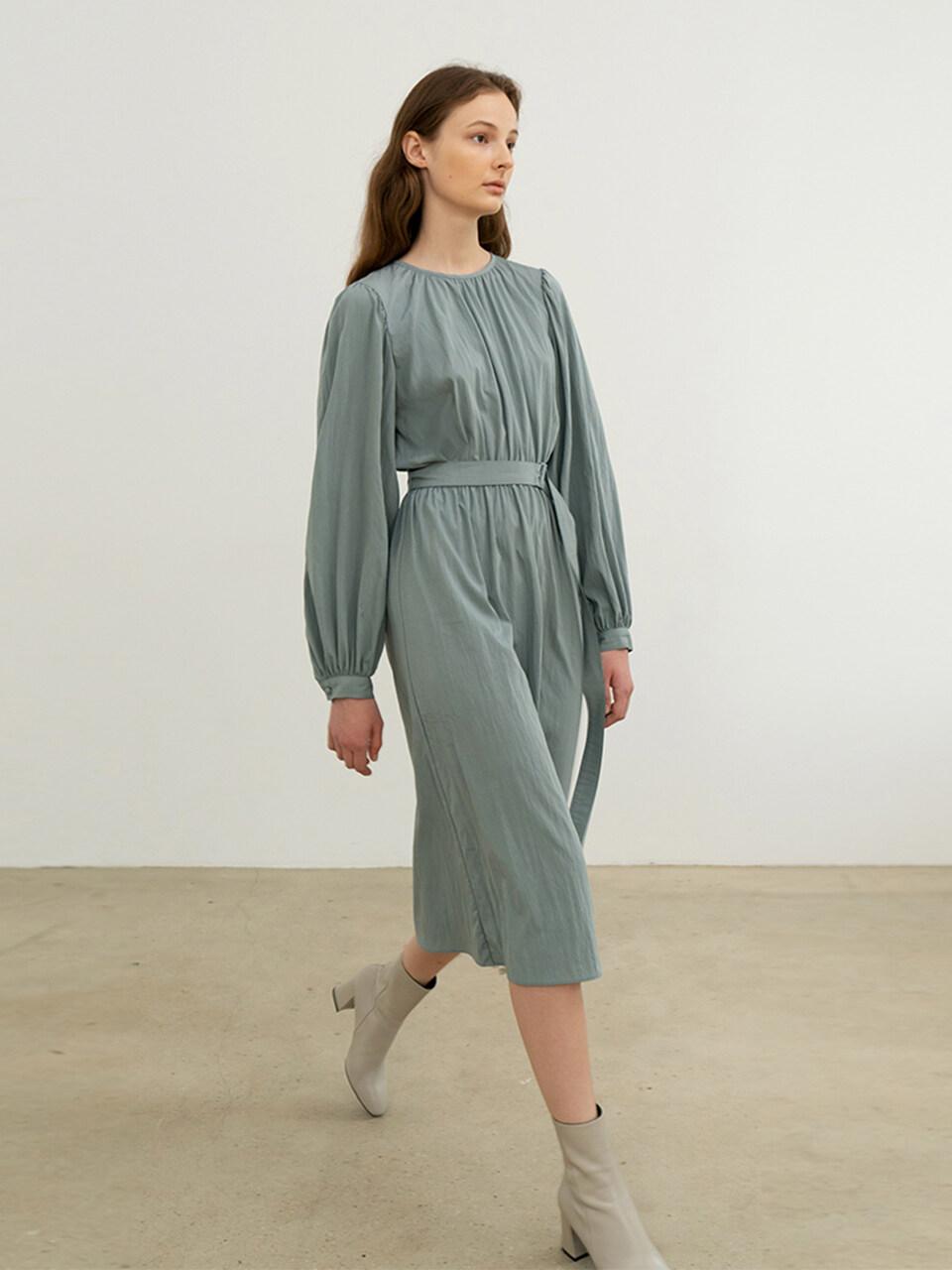 RE RHEE CUFF SLEEVES BELTED MIDI DRESS