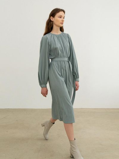 RE RHEE CUFF SLEEVES BELTED MIDI DRESS