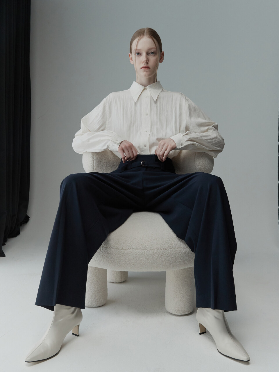 RE RHEE D Ring Belted Trousers Navy