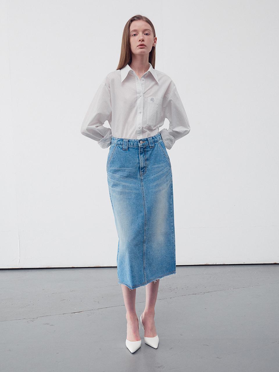 RE RHEE Denim A-line Midi Skirt - Medium Blue