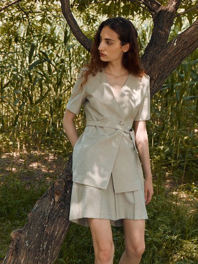 RE RHEE Double Breasted Belted Jacket_Sand Khaki
