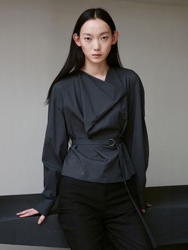 RE RHEE DRAPED NECK BELTED BLOUSE