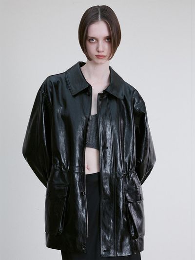 RE RHEE DRAWSTRING FAUX LEATHER JACKET