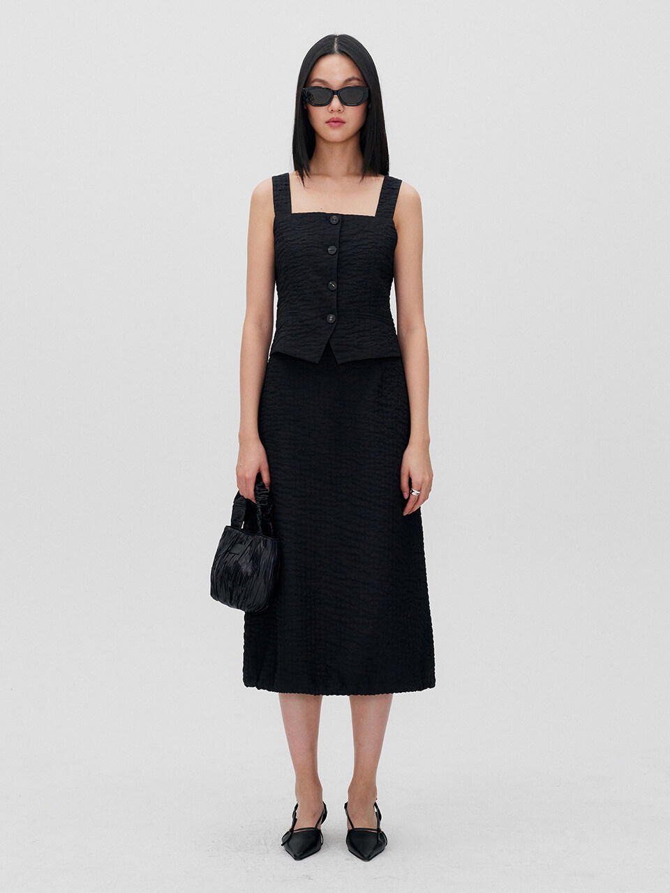 RE RHEE Drawstring Hem Midi Skirt_Black
