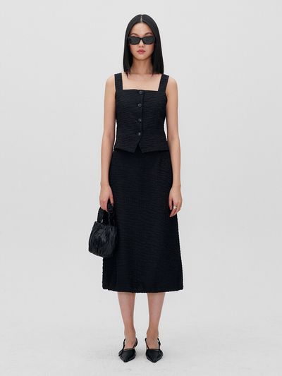 RE RHEE Drawstring Hem Midi Skirt_Black
