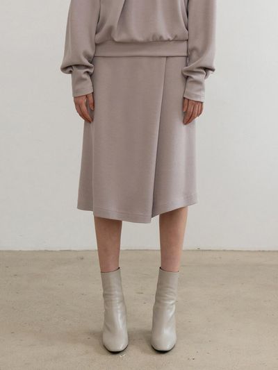 RE RHEE ELASTIC WAIST DIAGONAL PANEL MIDI SKIRT BEIGE