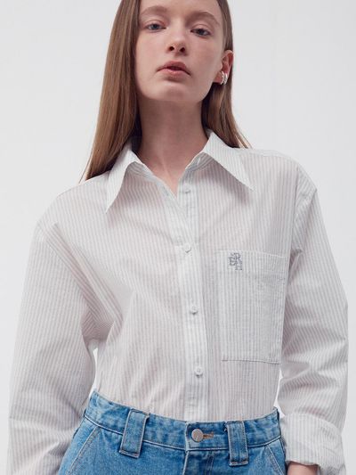 RE RHEE Embroidered Stripe Pocket Shirt White