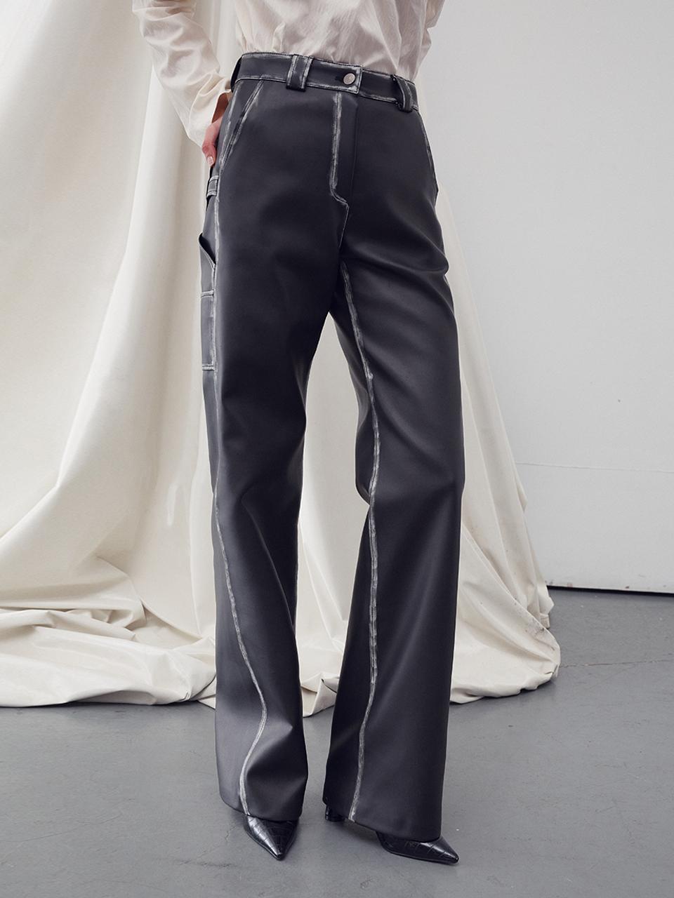 RE RHEE Faux Leather Straight Leg Pants - Washed Black